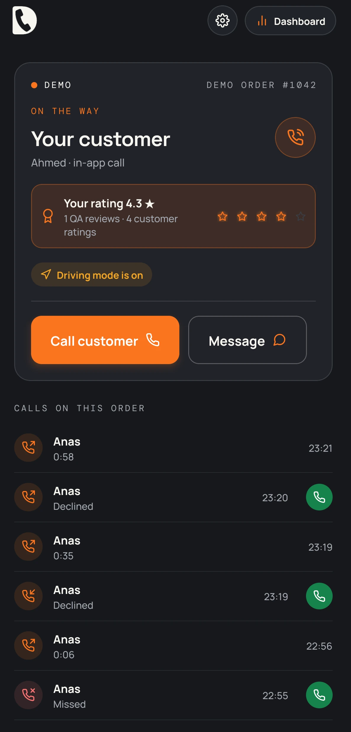 The driver's home: the order, the rating, Call customer and Message, and the calls on this order